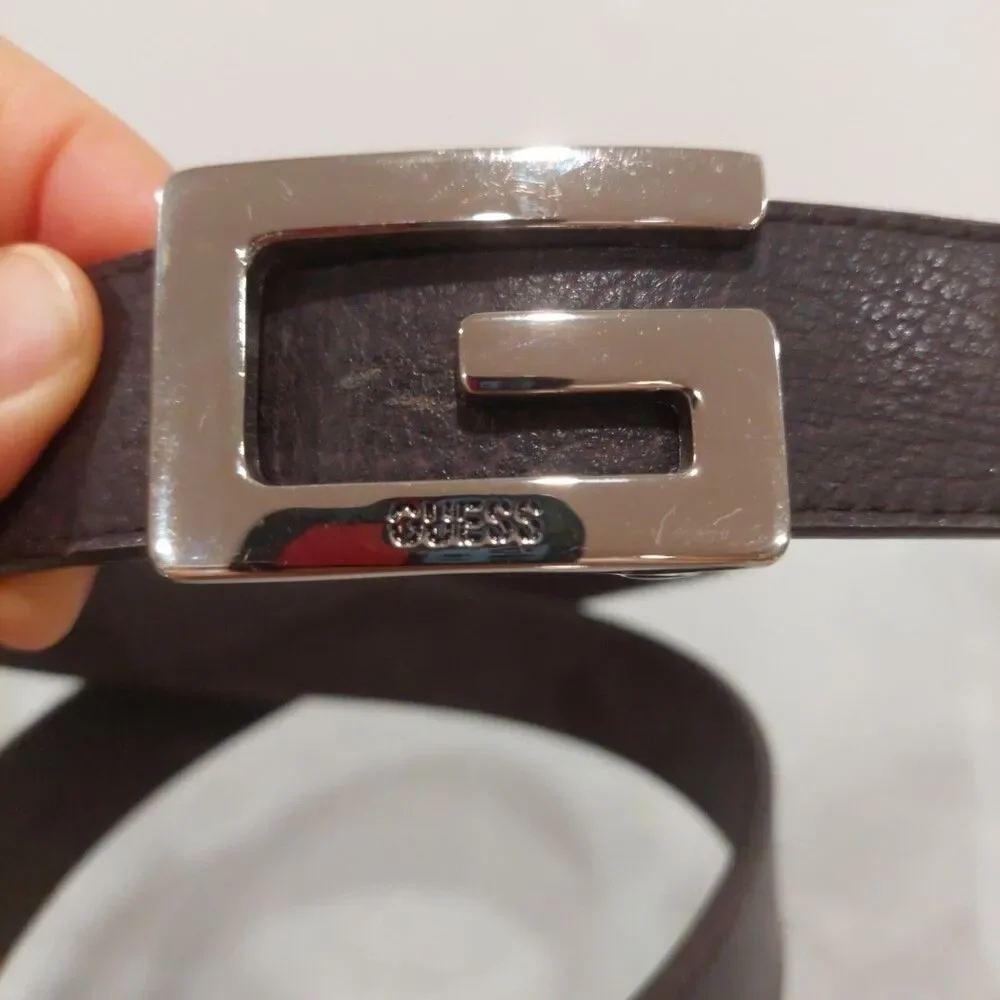 VTG Guess Belt Women's Large Dark Brown Leather Logo G Silver Tone Buckle Sz M